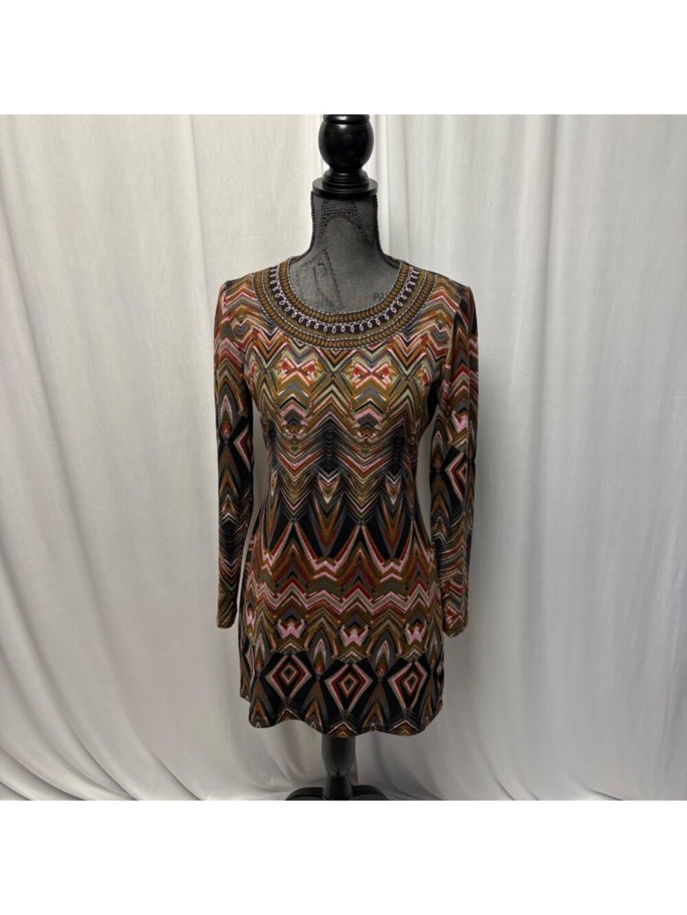 Papillon Tunic Top or Short Dress Womens Sz Medium Boho Geometric Long Sleeve